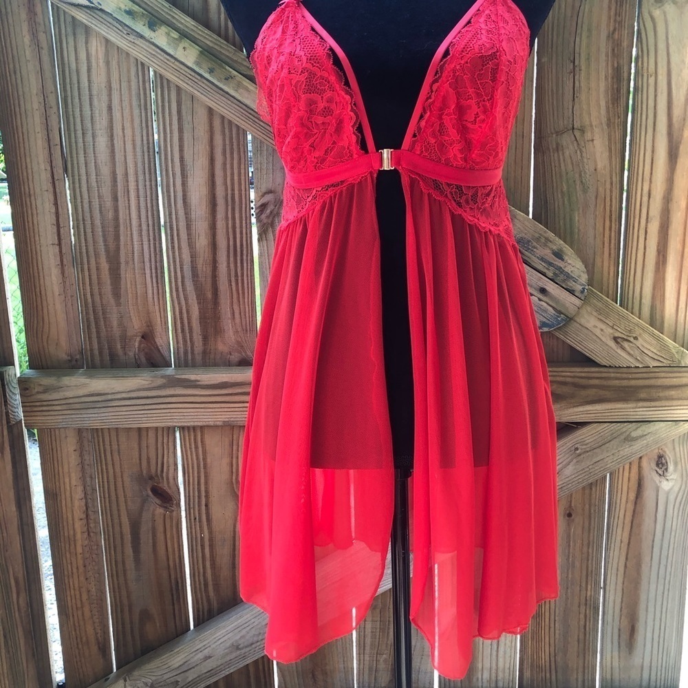 Red Sheer & Lace Babydoll Chemise / Teddy Lingerie